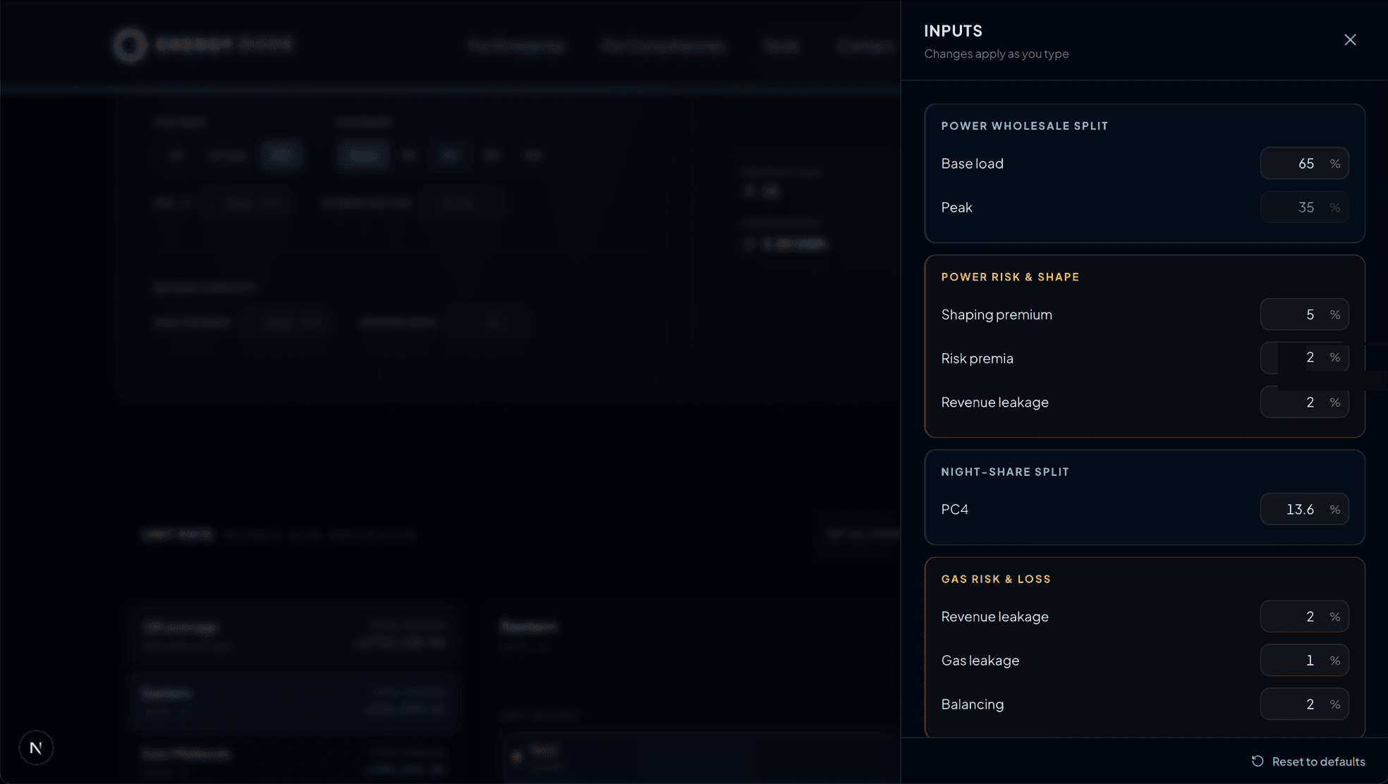 Pricing Engine assumption inputs: wholesale Base load and Peak split, shaping premium, risk premia and leakage, with changes applying as you type